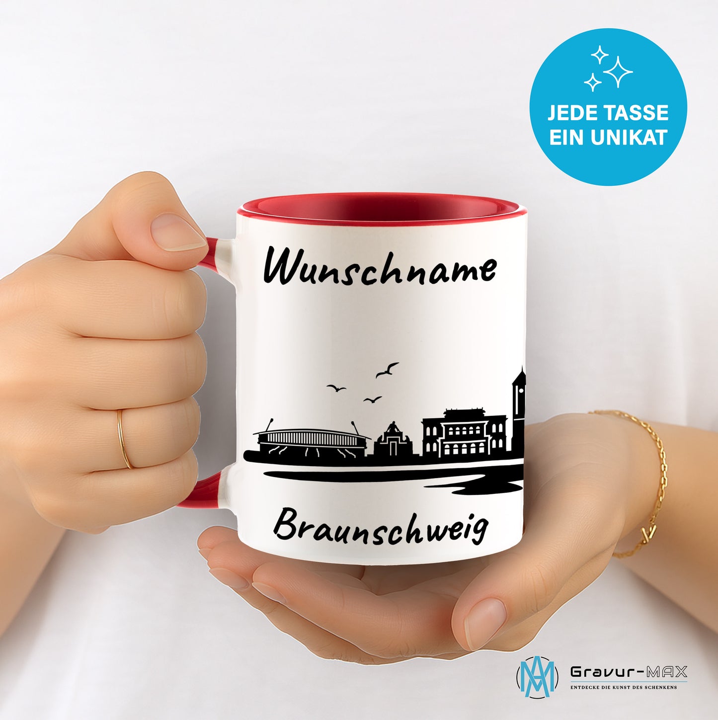Tasse in Rot 330ml bedruckt mit der Skyline von Braunschweig personalisierbar mit Wunschname