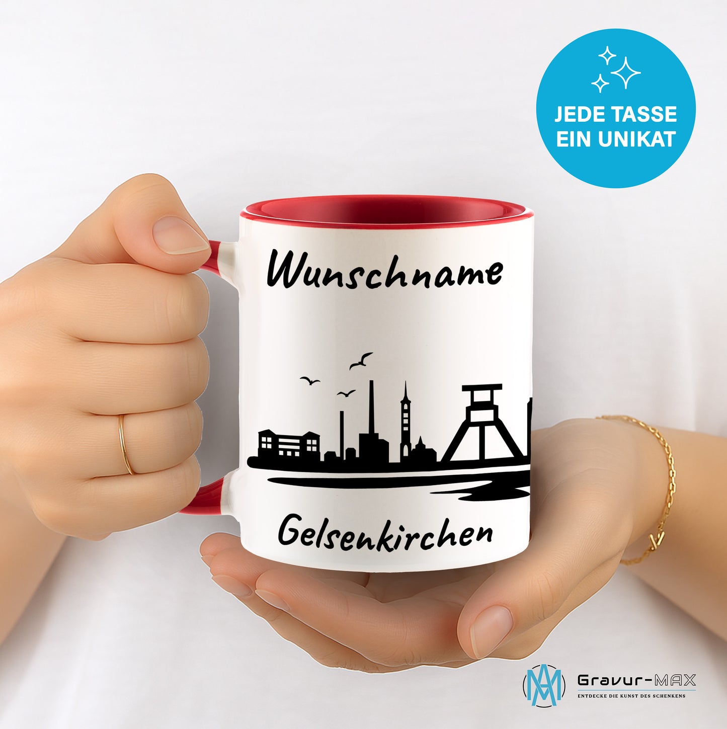 Tasse in Rot 330ml bedruckt mit der Skyline von Gelsenkirchen personalisierbar mit Wunschname