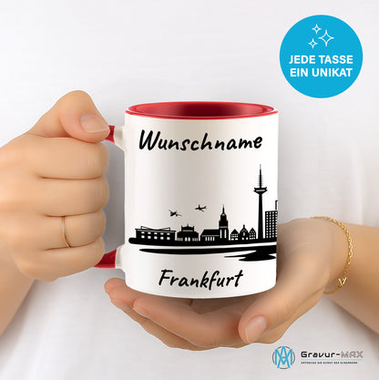Tasse in Rot 330ml bedruckt mit der Skyline von Frankfurt personalisierbar mit Wunschname