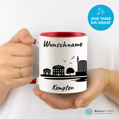 Tasse in Rot 330ml bedruckt mit der Skyline von Kempten personalisierbar mit Wunschname