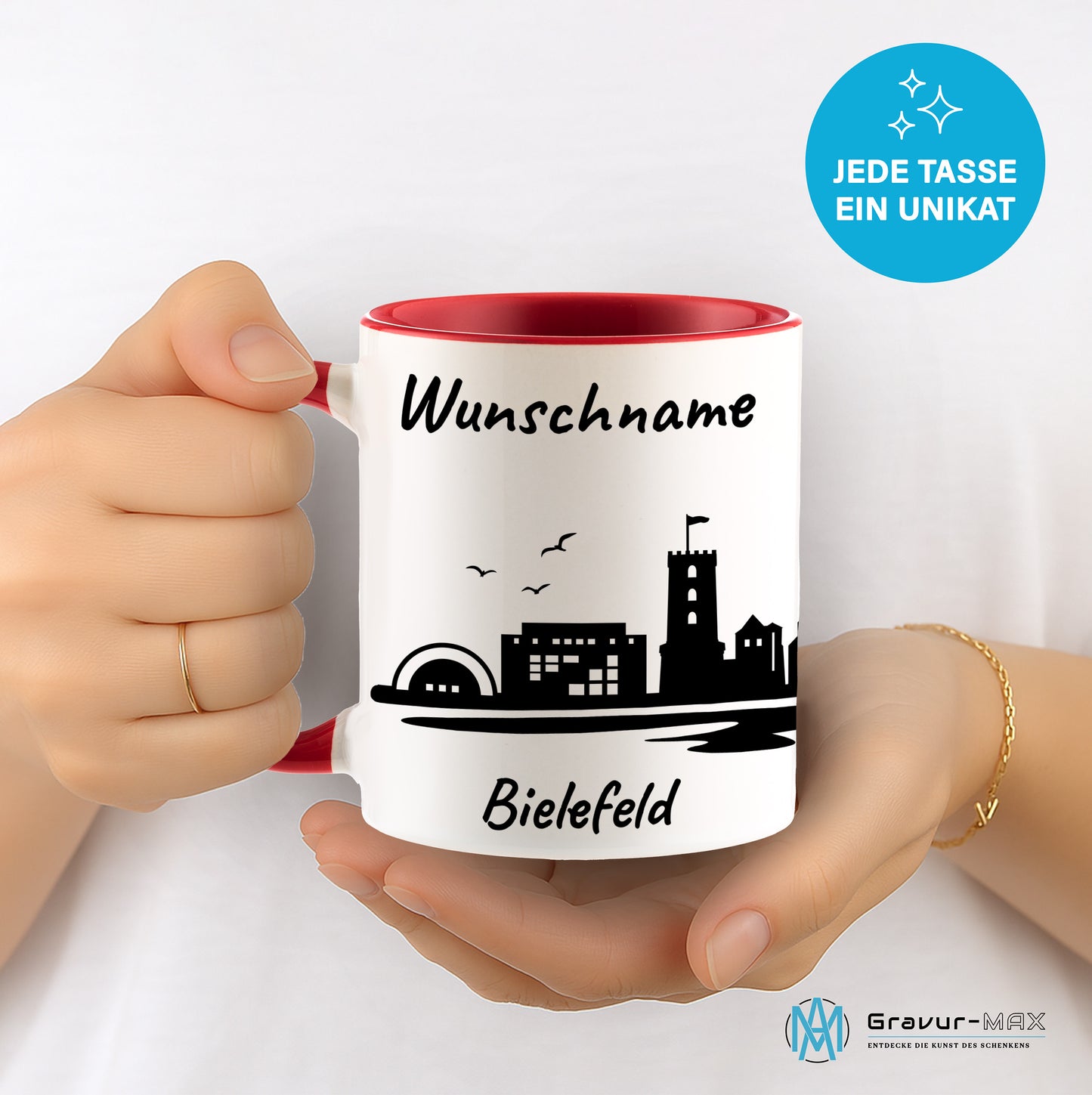 Tasse in Rot 330ml bedruckt mit der Skyline von Bielefeld personalisierbar mit Wunschname
