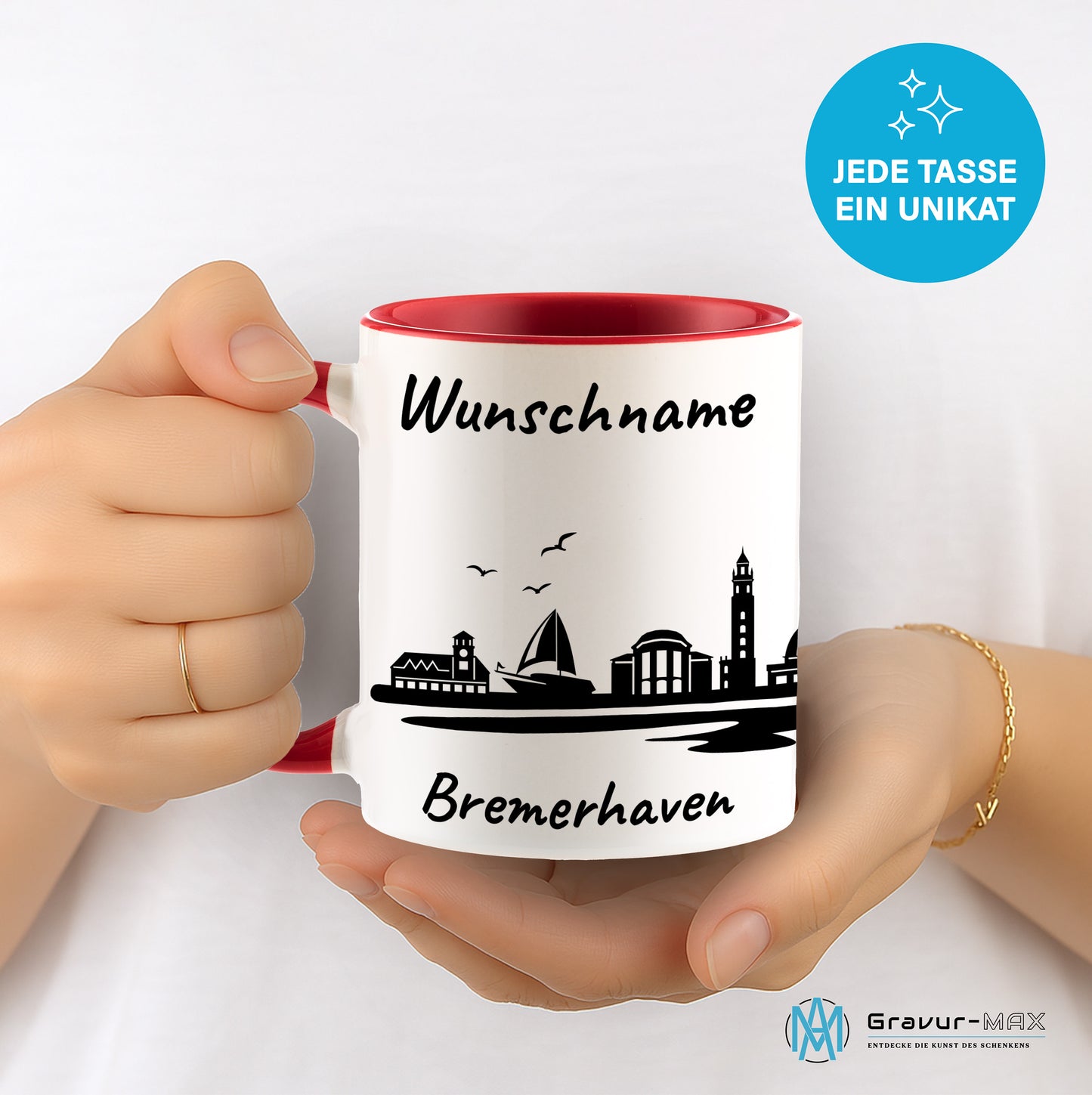Tasse in Rot 330ml bedruckt mit der Skyline von Bremerhaven personalisierbar mit Wunschname