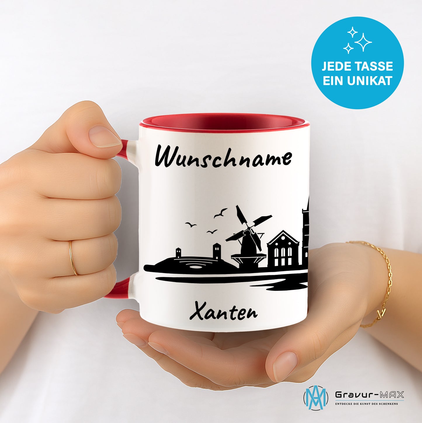 Tasse in Rot 330ml bedruckt mit der Skyline von Xanten personalisierbar mit Wunschname