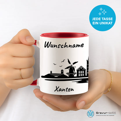 Tasse in Rot 330ml bedruckt mit der Skyline von Xanten personalisierbar mit Wunschname