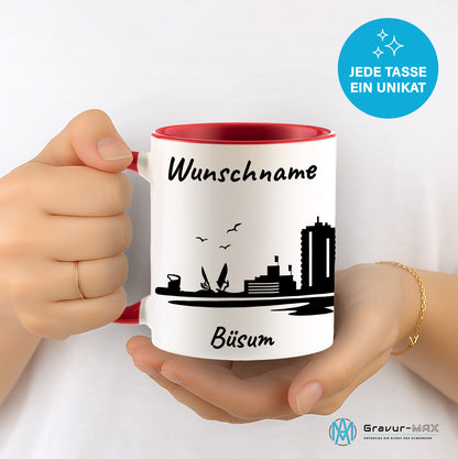 Tasse in Rot 330ml bedruckt mit der Skyline von Büsum personalisierbar mit Wunschname