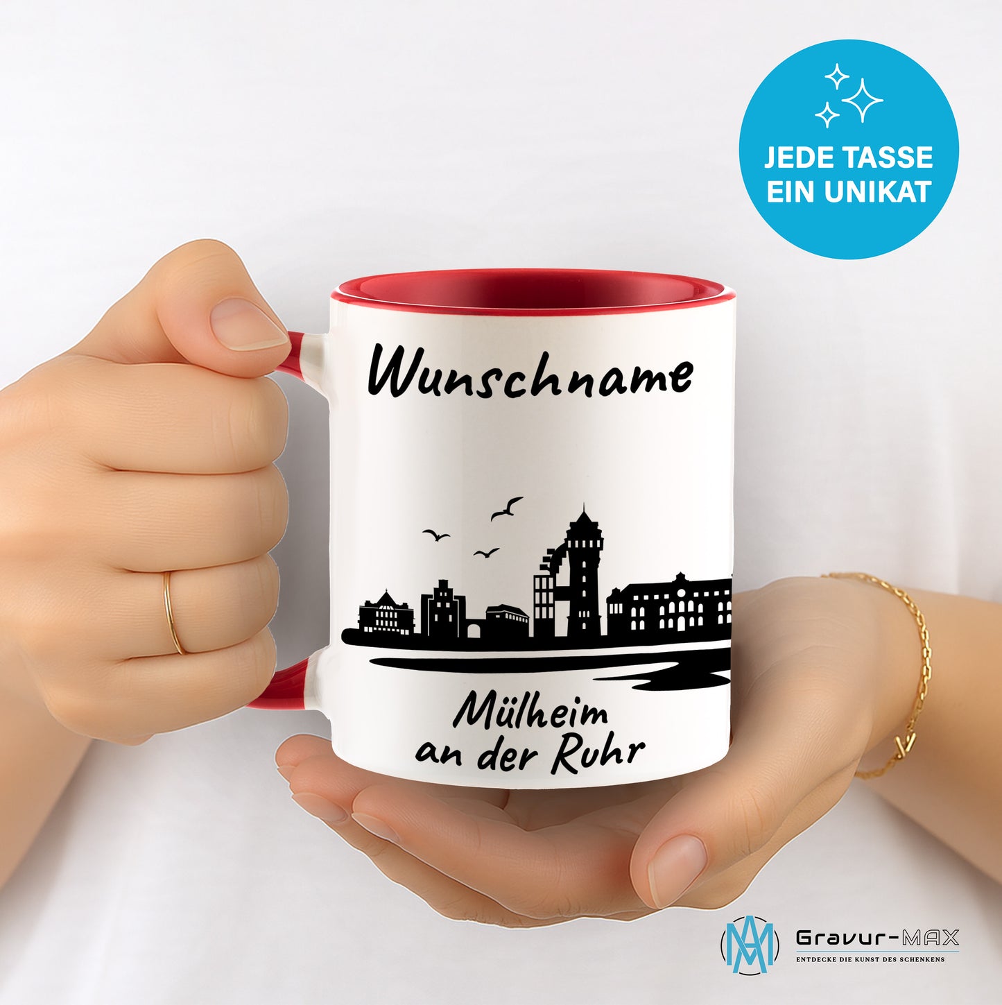 Tasse in Rot 330ml bedruckt mit der Skyline von Mülheim an der Ruhr personalisierbar mit Wunschname