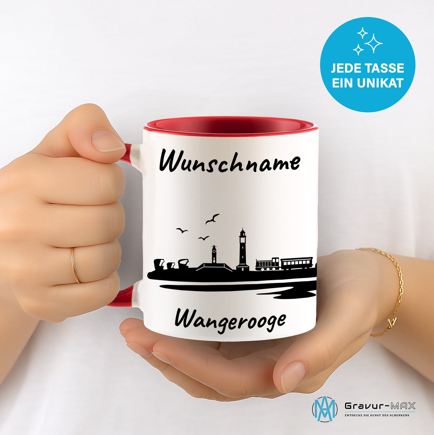 Tasse in Rot 330ml bedruckt mit der Skyline von Wangerooge personalisierbar mit Wunschname