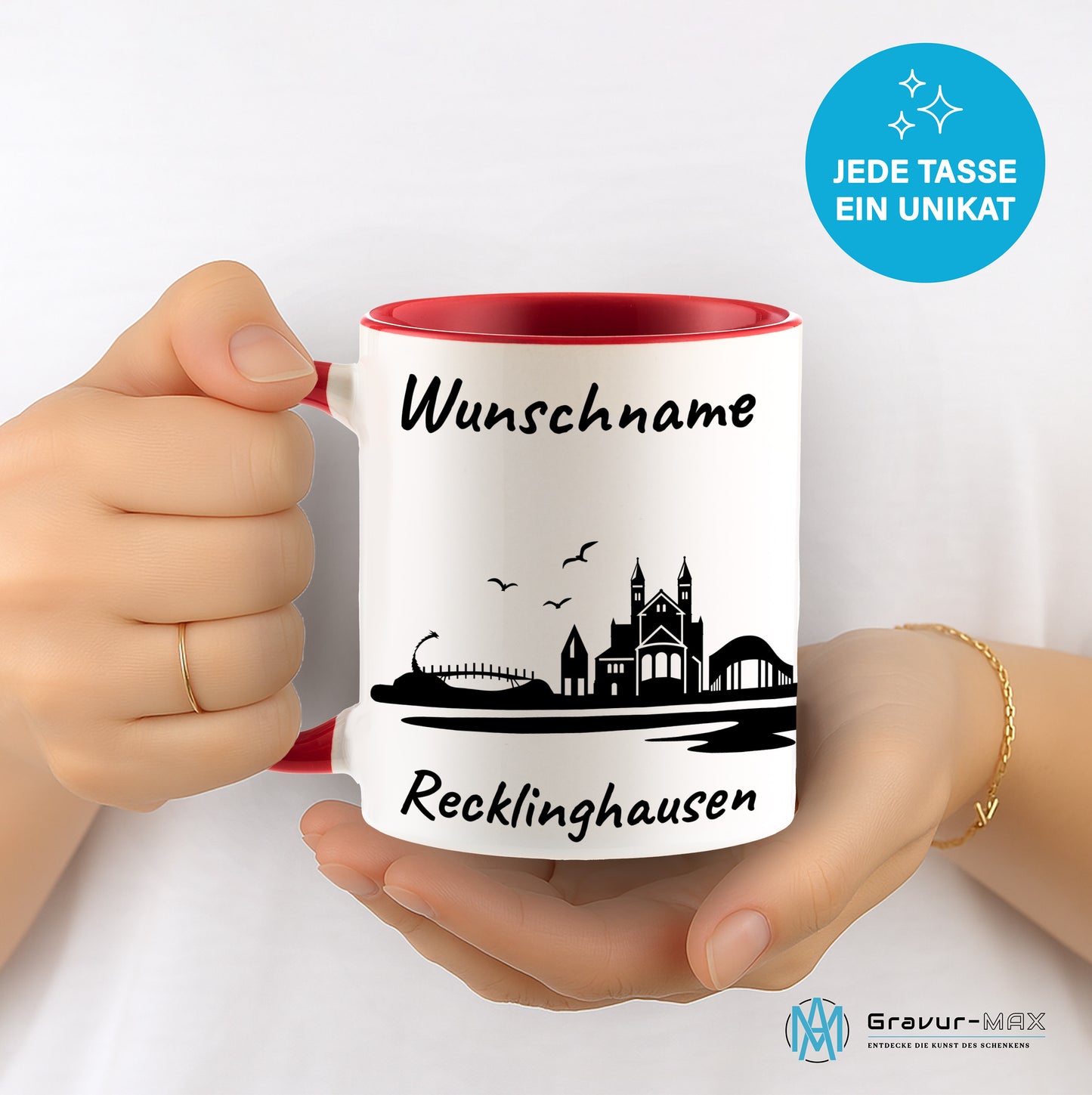 Tasse in Rot 330ml bedruckt mit der Skyline von Recklinghausen personalisierbar mit Wunschname