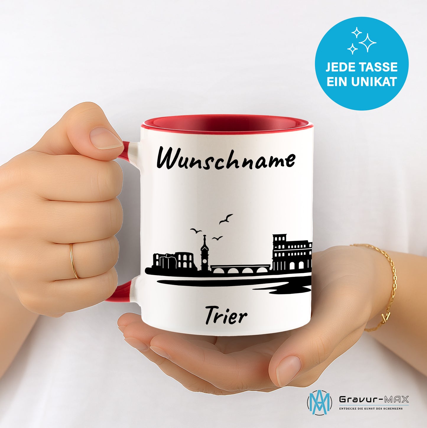 Tasse in Rot 330ml bedruckt mit der Skyline von Trier personalisierbar mit Wunschname