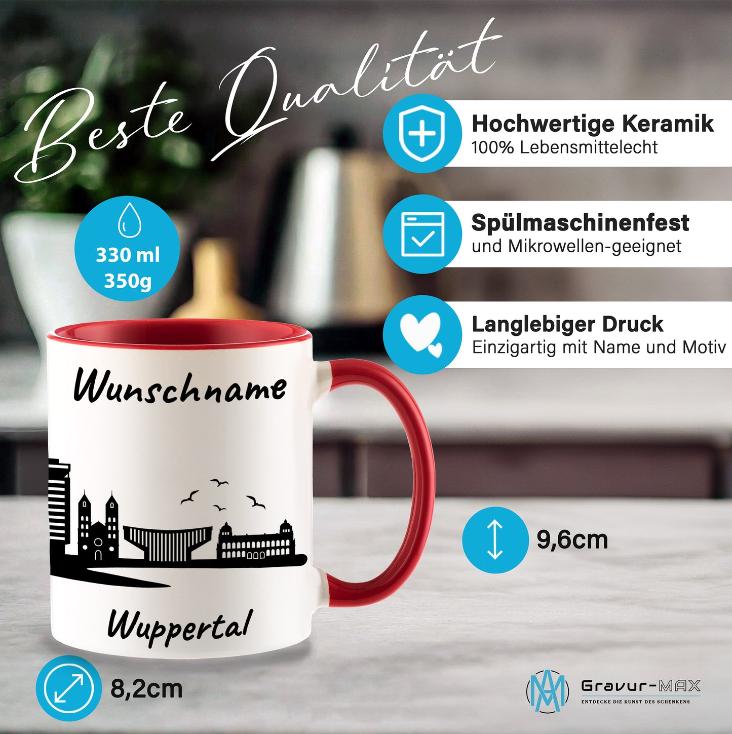 Tasse in Rot 330ml bedruckt mit der Skyline von Wuppertal personalisierbar mit Wunschname
