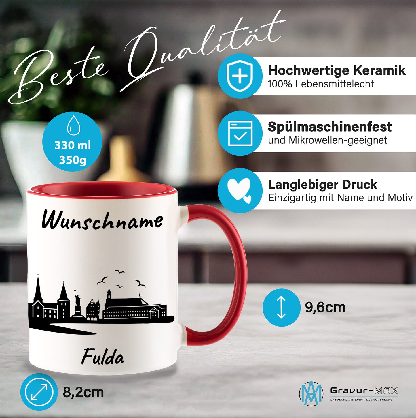 Tasse in Rot 330ml bedruckt mit der Skyline von Fulda personalisierbar mit Wunschname