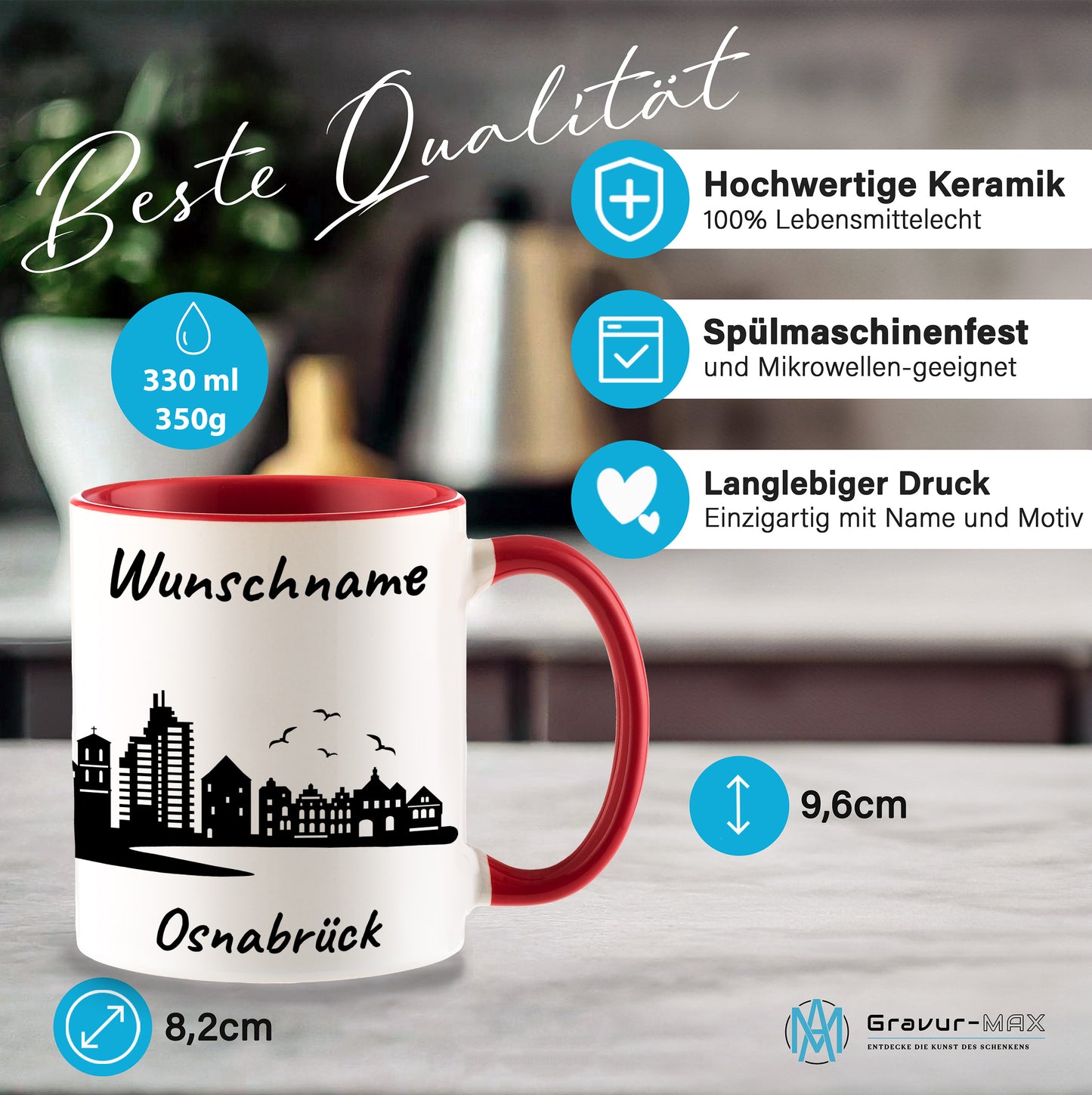 Tasse in Rot 330ml bedruckt mit der Skyline von Osnabrück personalisierbar mit Wunschname