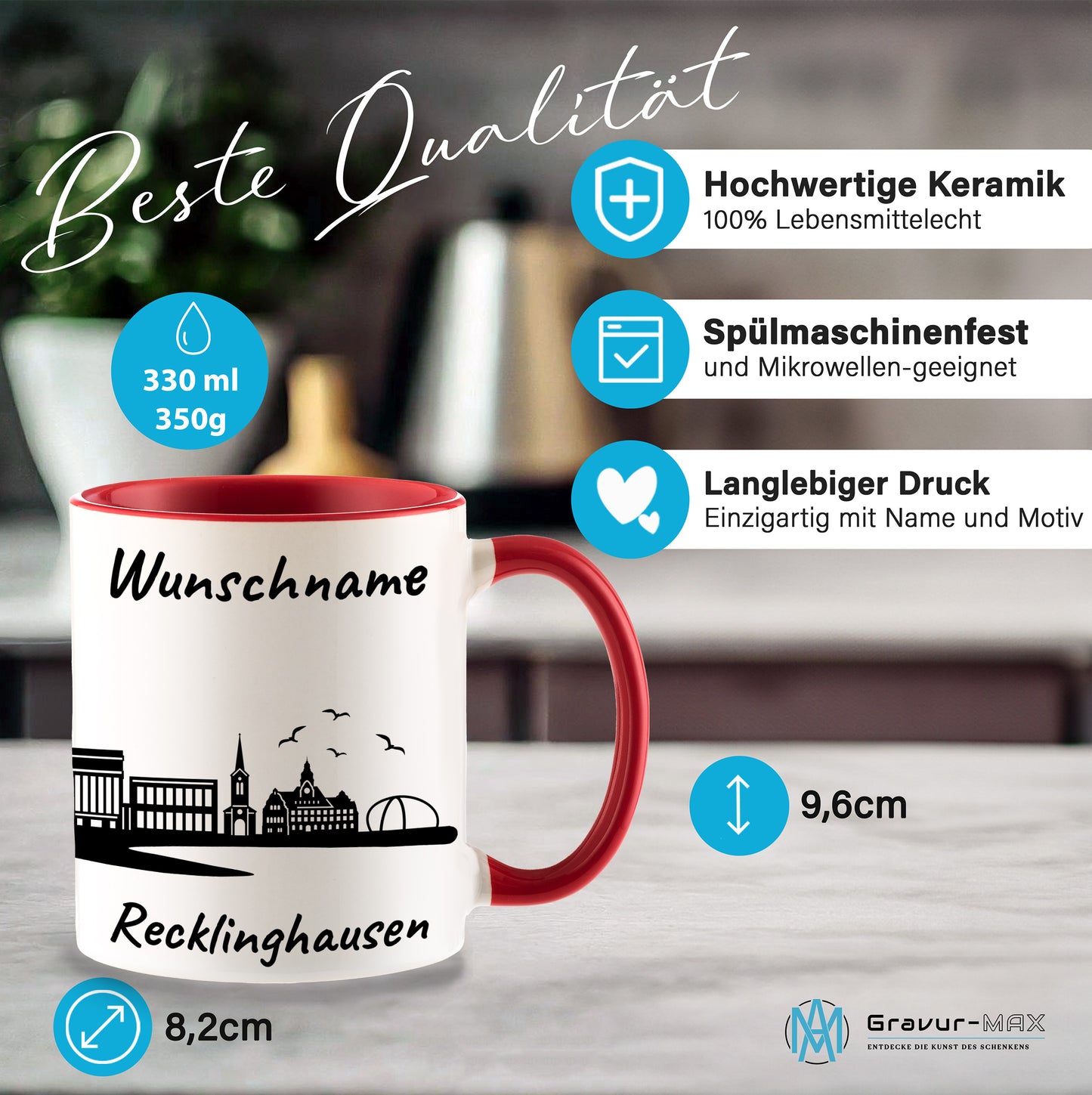 Tasse in Rot 330ml bedruckt mit der Skyline von Recklinghausen personalisierbar mit Wunschname