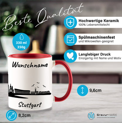 Tasse in Rot 330ml bedruckt mit der Skyline von Stuttgart personalisierbar mit Wunschname