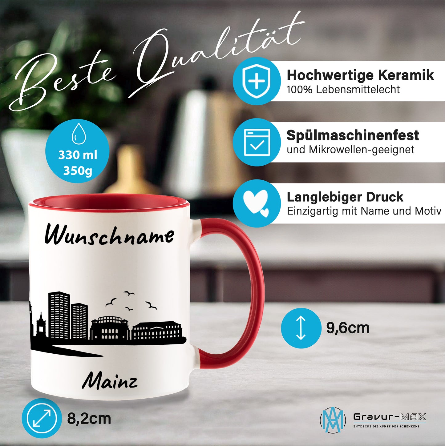 Tasse in Rot 330ml bedruckt mit der Skyline von Mainz personalisierbar mit Wunschname