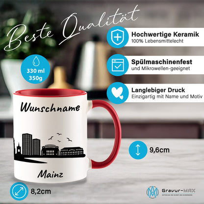 Tasse in Rot 330ml bedruckt mit der Skyline von Mainz personalisierbar mit Wunschname