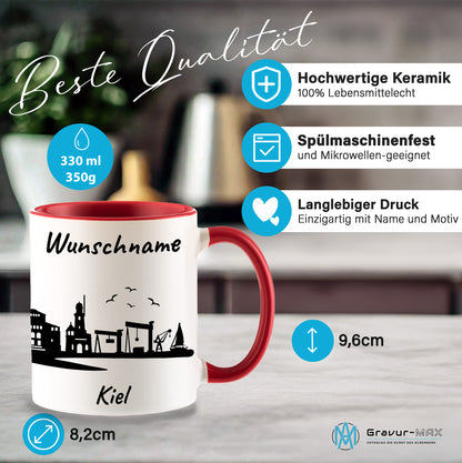 Tasse in Rot 330ml bedruckt mit der Skyline von Kiel personalisierbar mit Wunschname