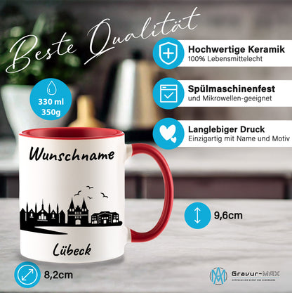 Tasse in Rot 330ml bedruckt mit der Skyline von Lübeck personalisierbar mit Wunschname