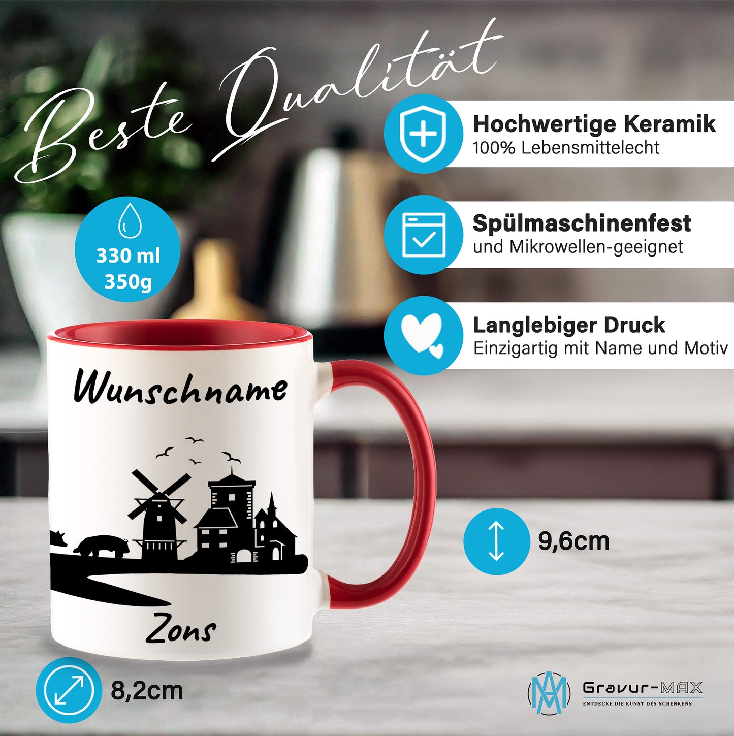 Tasse in Rot 330ml bedruckt mit der Skyline von Zons (Dormagen) personalisierbar mit Wunschname