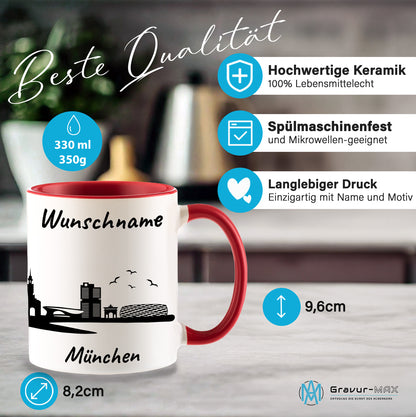 Tasse in Rot 330ml bedruckt mit der Skyline von München personalisierbar mit Wunschname