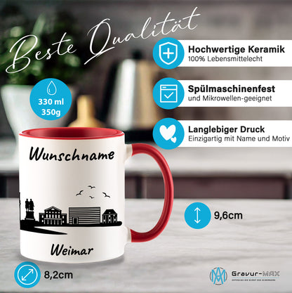 Tasse in Rot 330ml bedruckt mit der Skyline von Weimar personalisierbar mit Wunschname