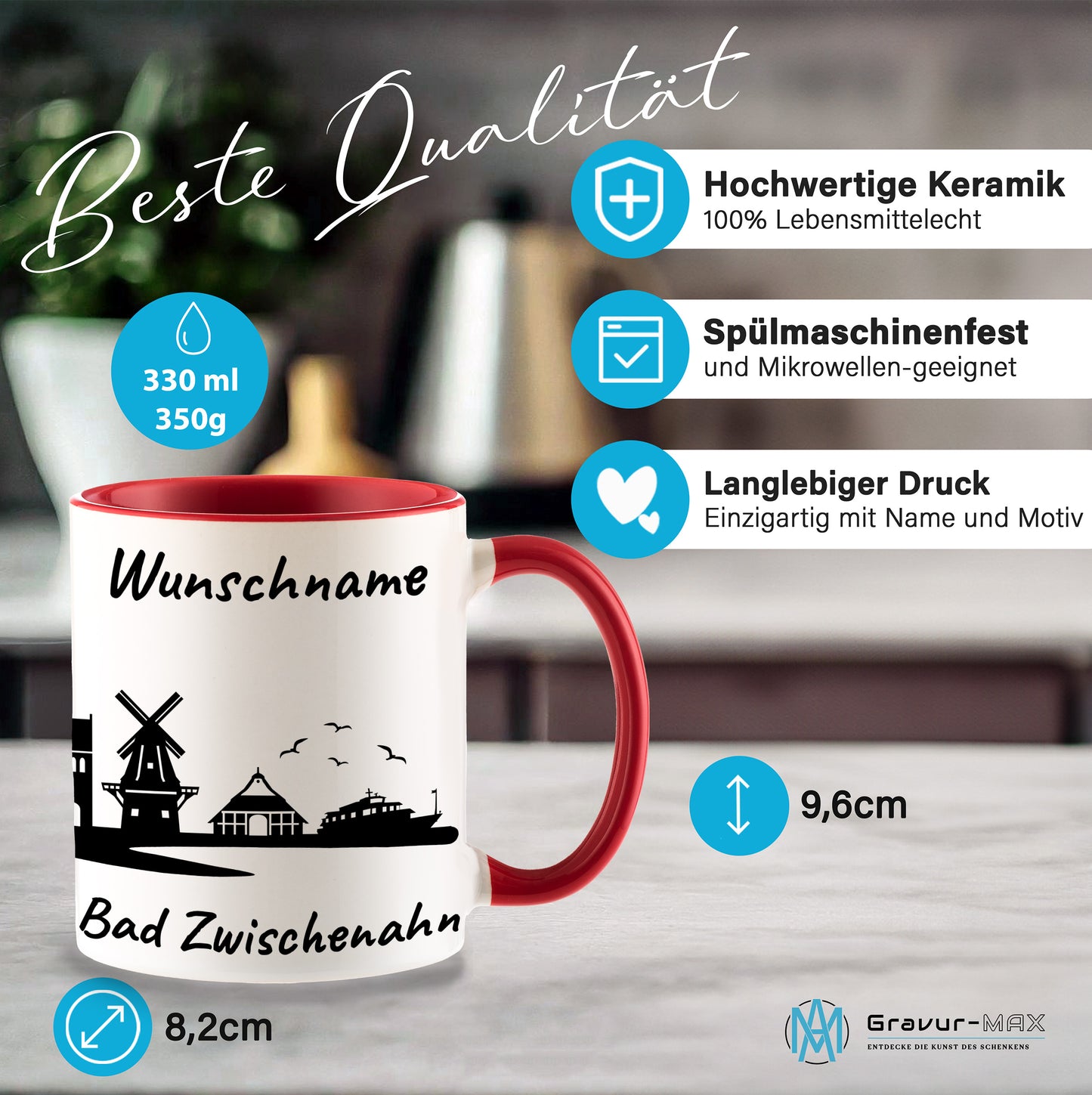 Tasse in Rot 330ml bedruckt mit der Skyline von Bad Zwischenahn personalisierbar mit Wunschname