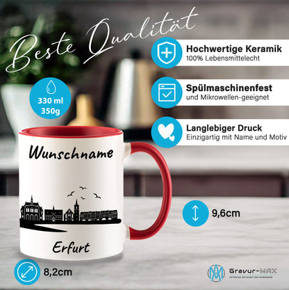 Tasse in Rot 330ml bedruckt mit der Skyline von Erfurt personalisierbar mit Wunschname