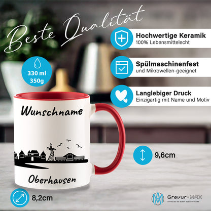 Tasse in Rot 330ml bedruckt mit der Skyline von Oberhausen personalisierbar mit Wunschname