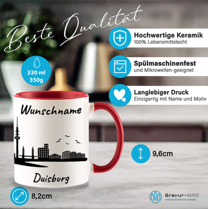 Tasse in Rot 330ml bedruckt mit der Skyline von Duisburg personalisierbar mit Wunschname