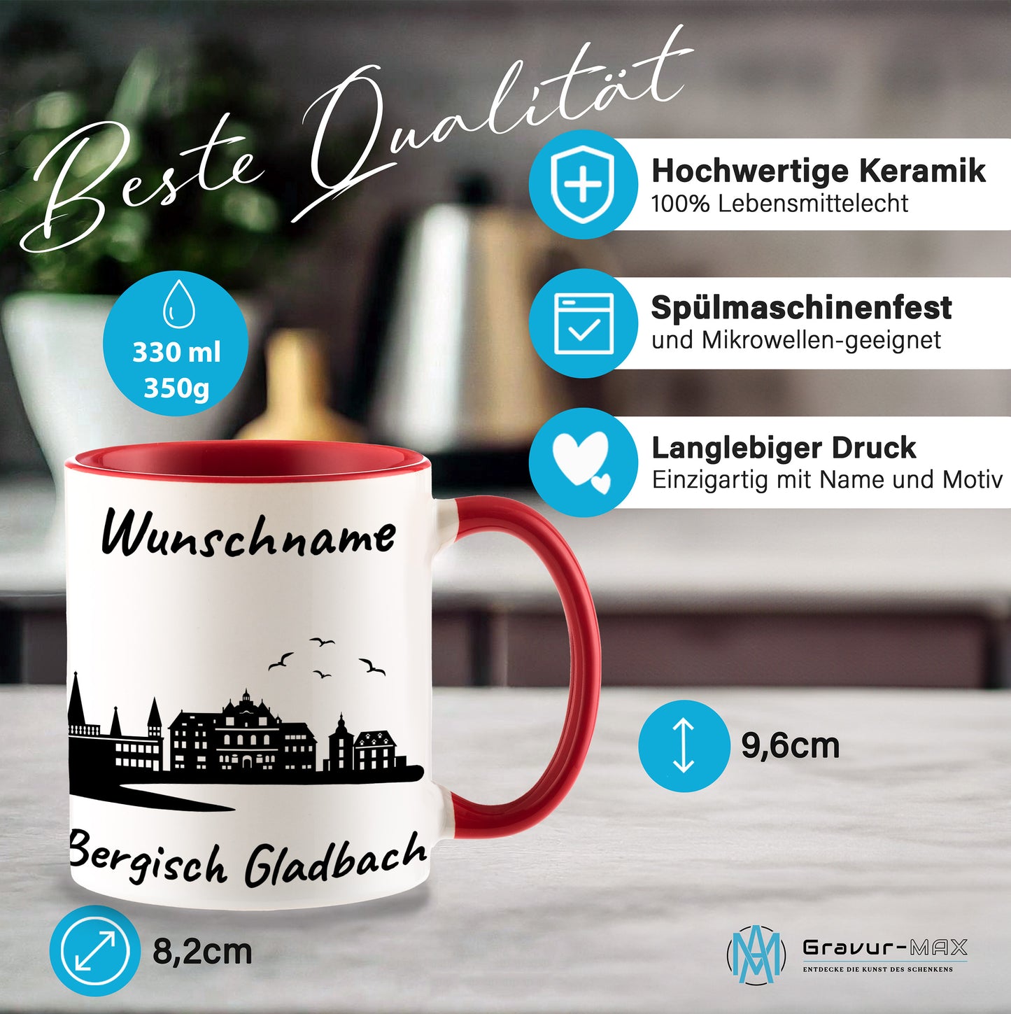 Tasse in Rot 330ml bedruckt mit der Skyline von Bergisch Gladbach personalisierbar mit Wunschname