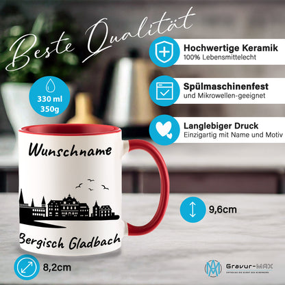 Tasse in Rot 330ml bedruckt mit der Skyline von Bergisch Gladbach personalisierbar mit Wunschname