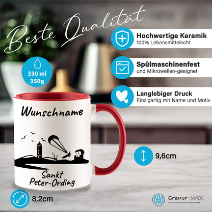 Tasse in Rot 330ml bedruckt mit der Skyline von Sankt Peter-Ording personalisierbar mit Wunschname
