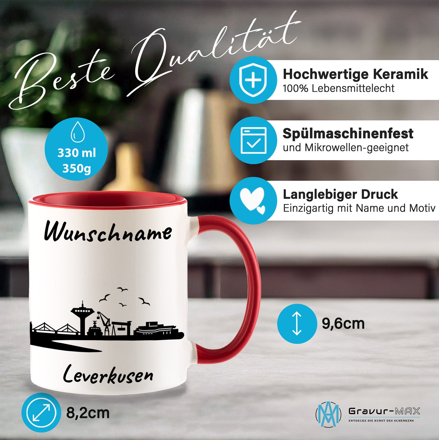 Tasse in Rot 330ml bedruckt mit der Skyline von Leverkusen personalisierbar mit Wunschname