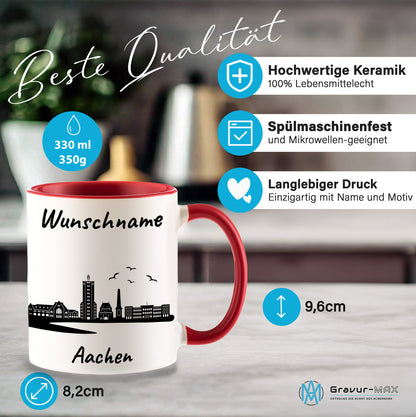 Tasse in Rot 330ml bedruckt mit der Skyline von Aachen personalisierbar mit Wunschname