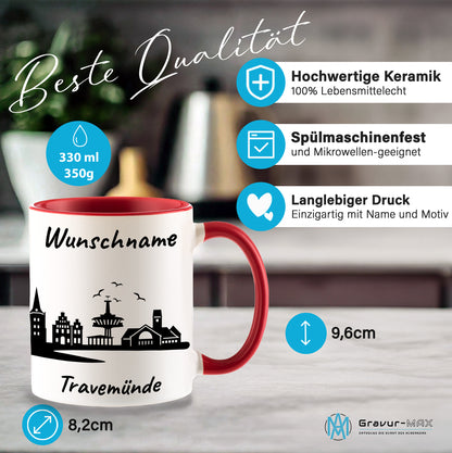 Tasse in Rot 330ml bedruckt mit der Skyline von Travemünde personalisierbar mit Wunschname