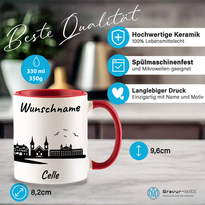 Tasse in Rot 330ml bedruckt mit der Skyline von Celle personalisierbar mit Wunschname