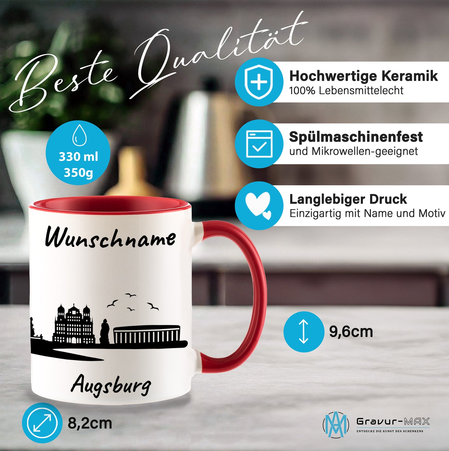 Tasse in Rot 330ml bedruckt mit der Skyline von Augsburg personalisierbar mit Wunschname