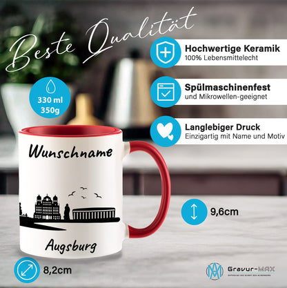 Tasse in Rot 330ml bedruckt mit der Skyline von Augsburg personalisierbar mit Wunschname