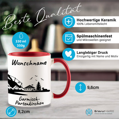 Tasse in Rot 330ml bedruckt mit der Skyline von Garmisch-Partenkirchen personalisierbar mit Wunschname