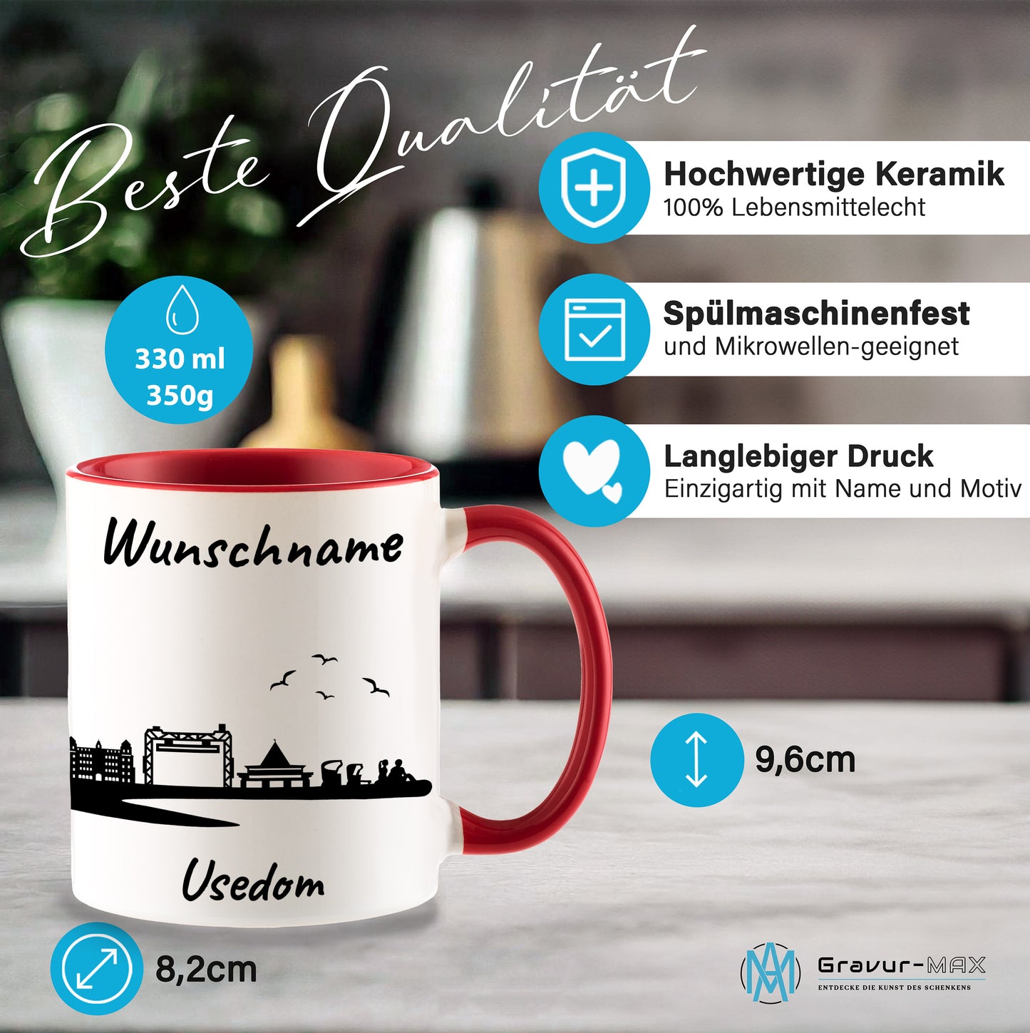 Tasse in Rot 330ml bedruckt mit der Skyline von Usedom personalisierbar mit Wunschname