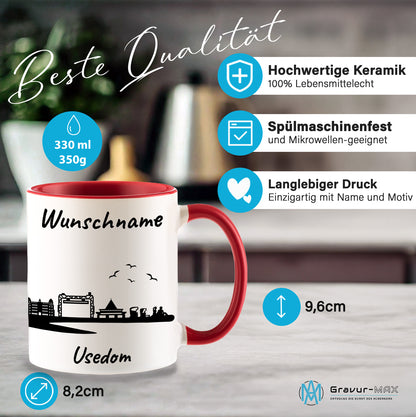 Tasse in Rot 330ml bedruckt mit der Skyline von Usedom personalisierbar mit Wunschname