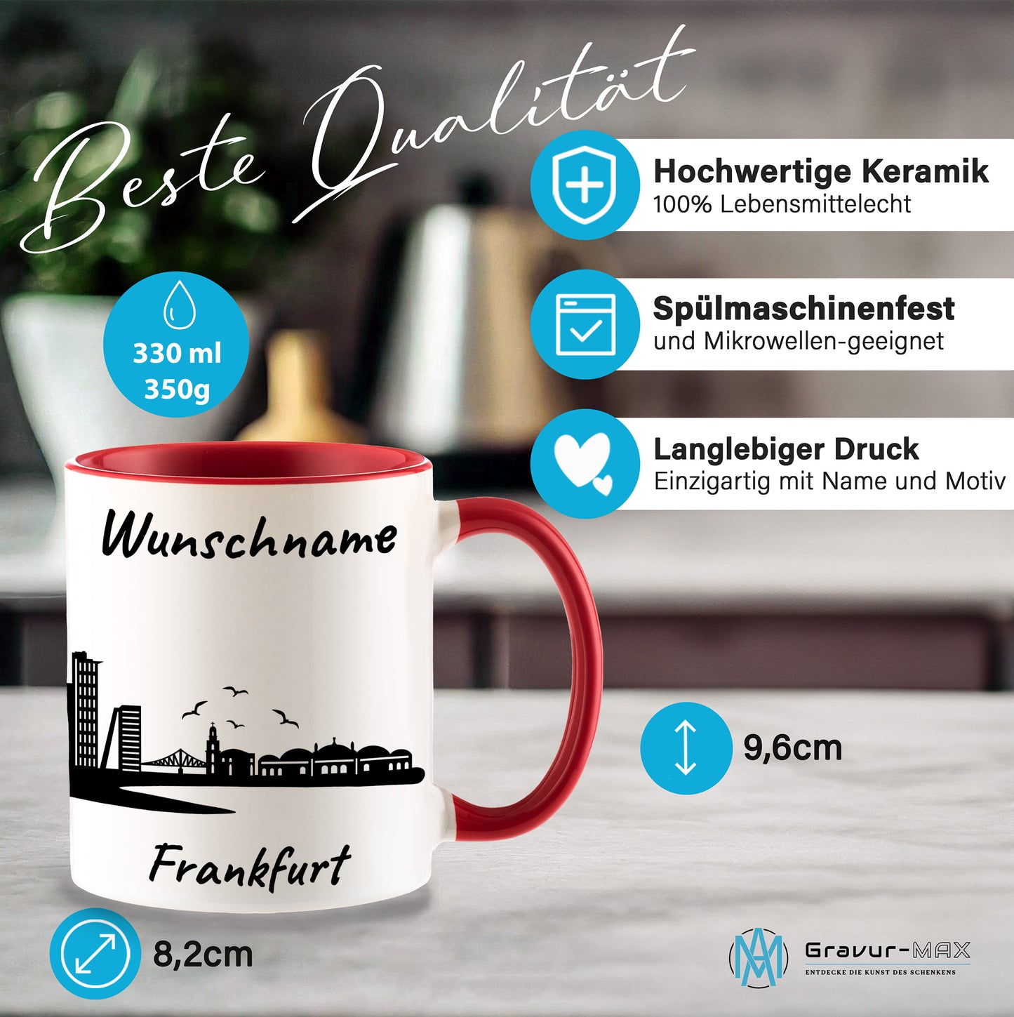 Tasse in Rot 330ml bedruckt mit der Skyline von Frankfurt personalisierbar mit Wunschname