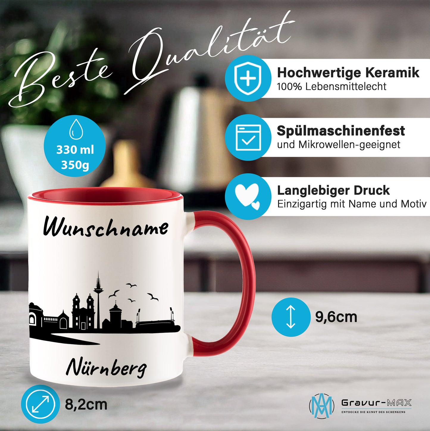 Tasse in Rot 330ml bedruckt mit der Skyline von Nürnberg personalisierbar mit Wunschname