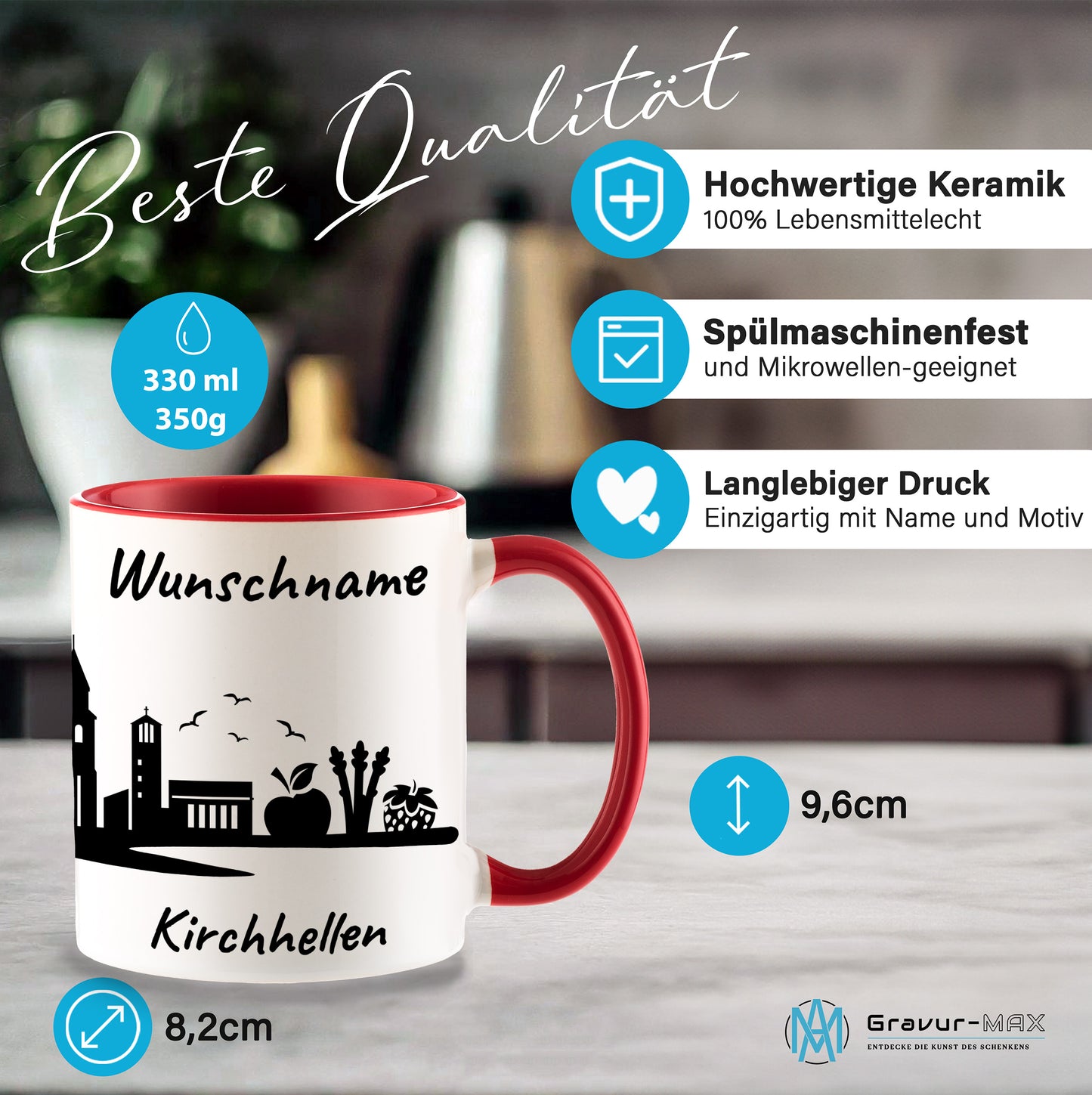 Tasse in Rot 330ml bedruckt mit der Skyline von Kirchhellen personalisierbar mit Wunschname