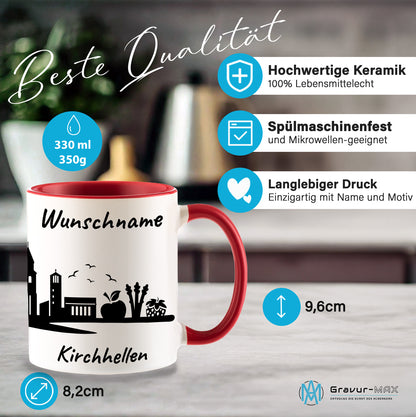Tasse in Rot 330ml bedruckt mit der Skyline von Kirchhellen personalisierbar mit Wunschname