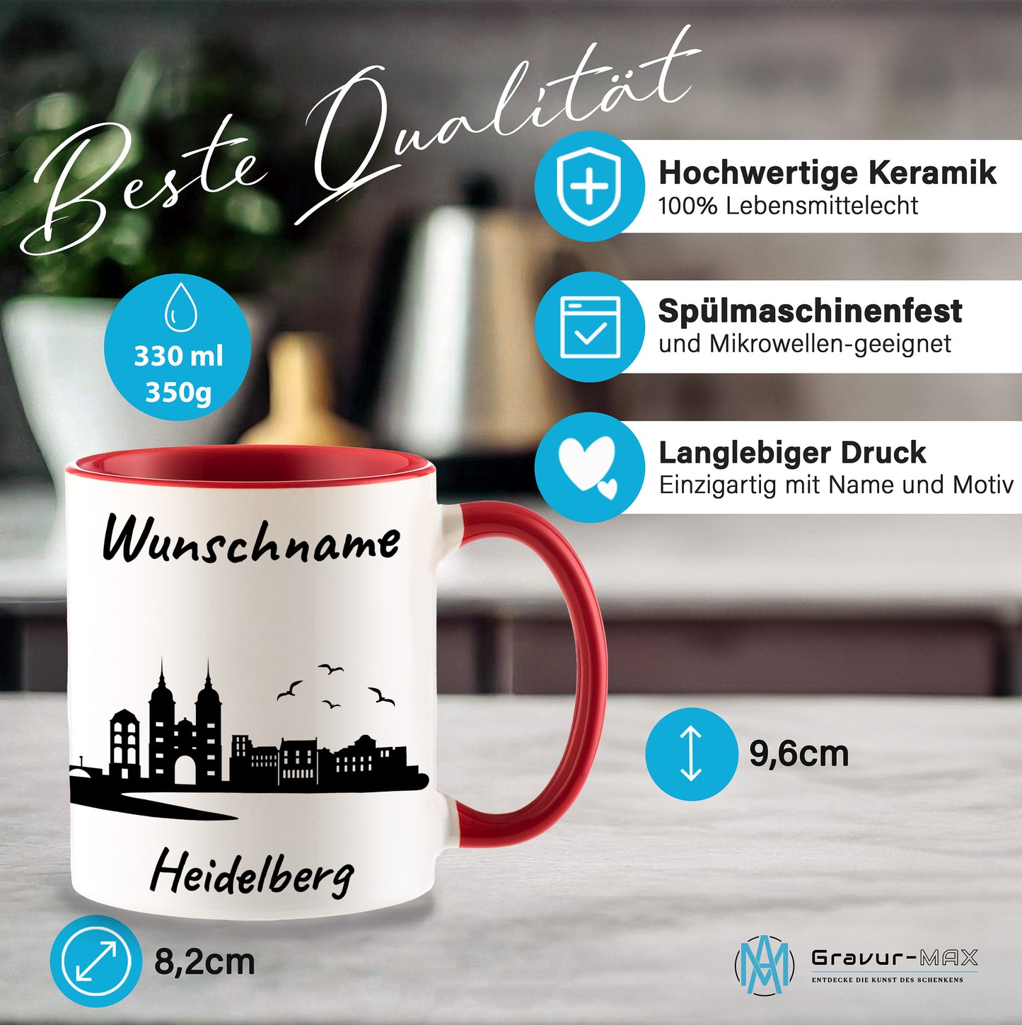 Tasse in Rot 330ml bedruckt mit der Skyline von Heidelberg personalisierbar mit Wunschname