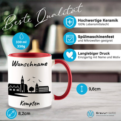 Tasse in Rot 330ml bedruckt mit der Skyline von Kempten personalisierbar mit Wunschname