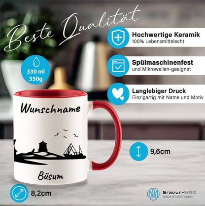 Tasse in Rot 330ml bedruckt mit der Skyline von Büsum personalisierbar mit Wunschname