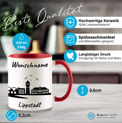 Tasse in Rot 330ml bedruckt mit der Skyline von Lippstadt personalisierbar mit Wunschname