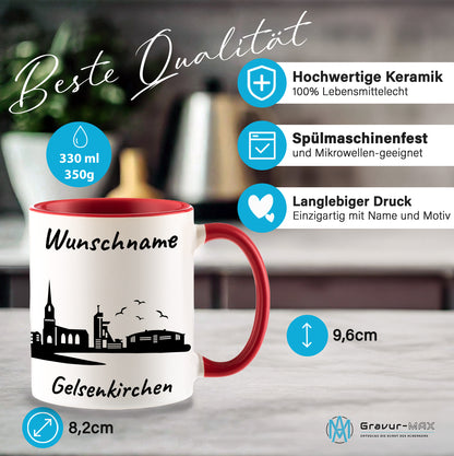 Tasse in Rot 330ml bedruckt mit der Skyline von Gelsenkirchen personalisierbar mit Wunschname